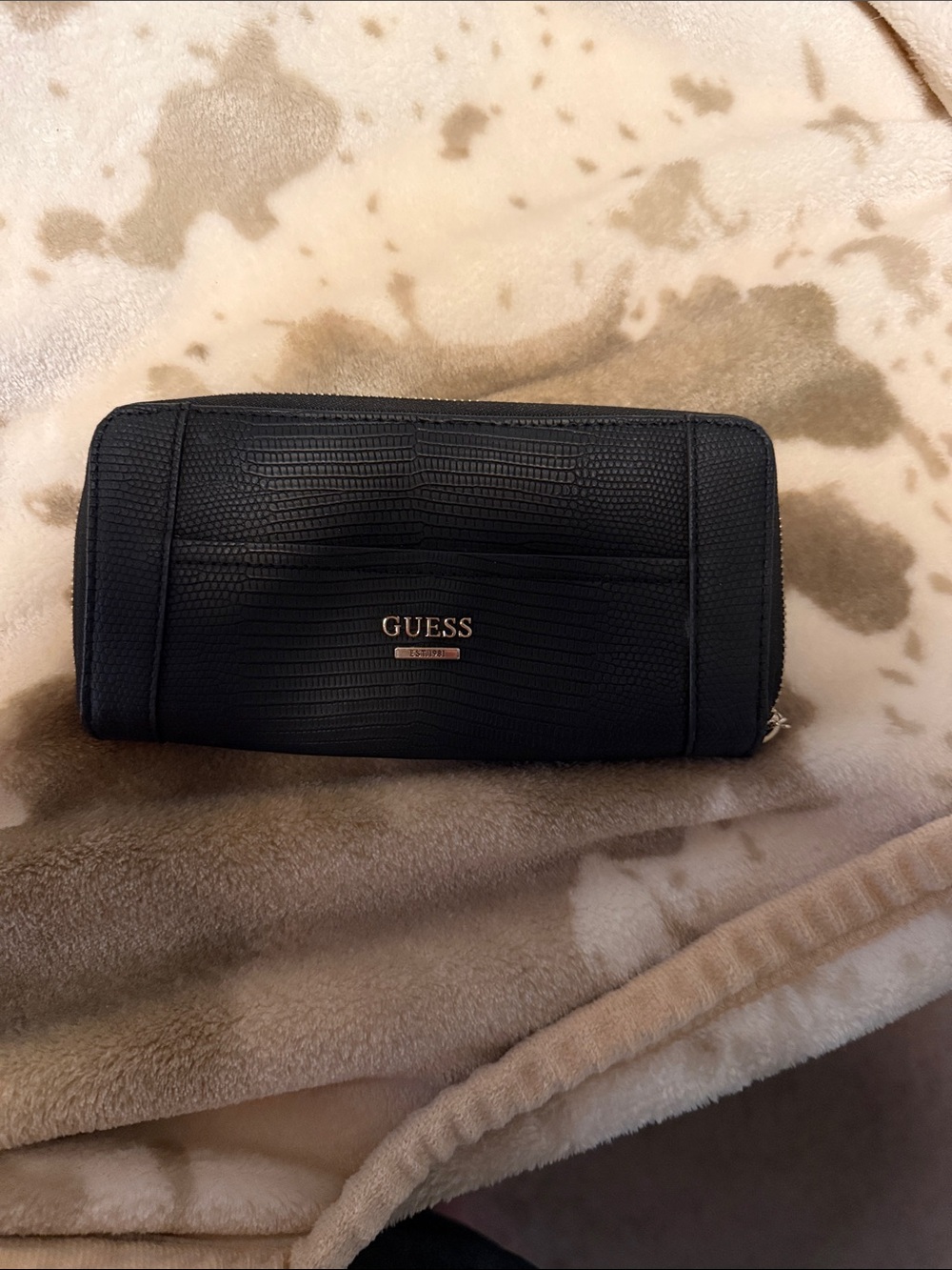 Brand new Guess Black Faux-Croc Zip Wallet with Gold Logo